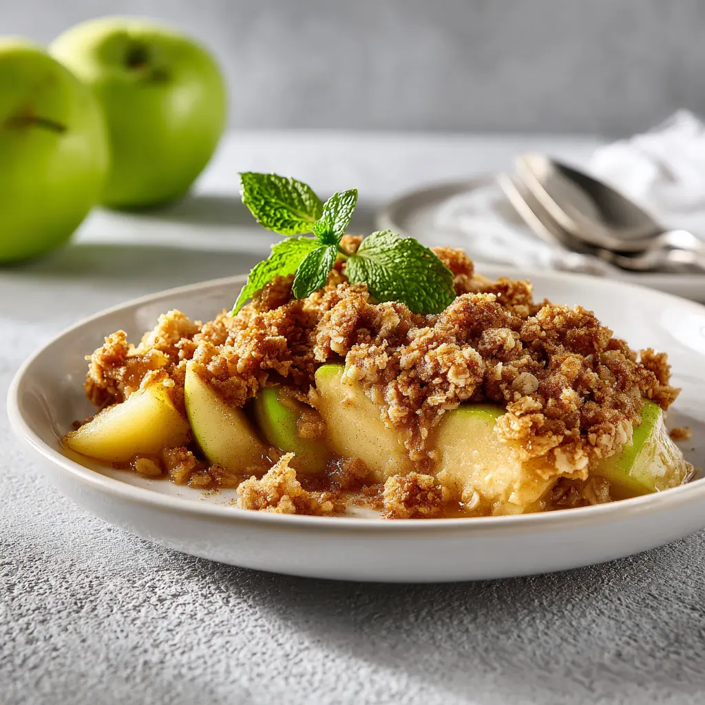 Apple crisp served with vanilla ice cream on a white plate.