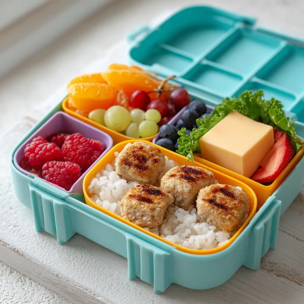 Kids’ bento lunch with chicken, pasta, fruit, and veggies in a bright container.