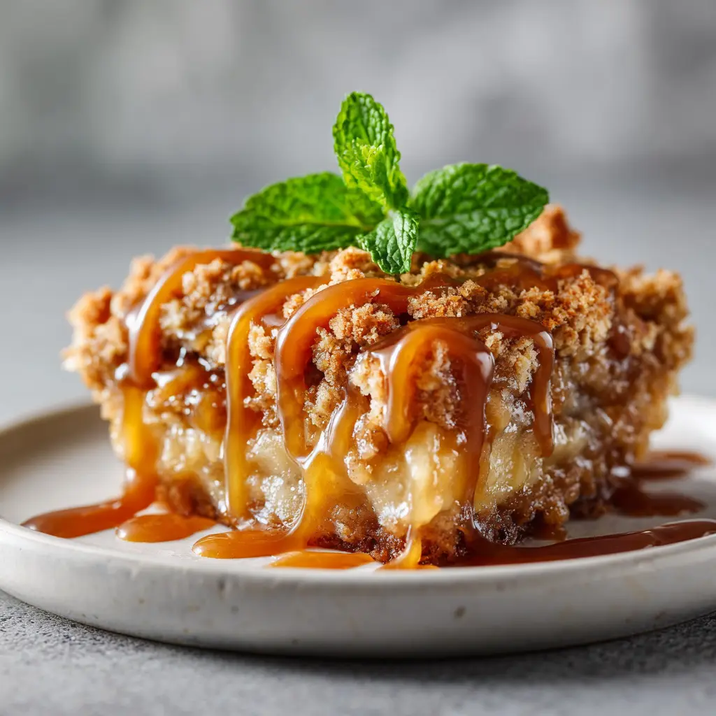 Apple crisp with crunchy pecan topping and rich caramel sauce.