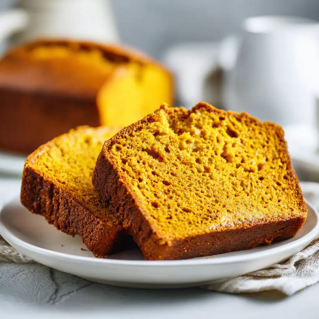 Moist pumpkin bread with chocolate chips and warm spices, sliced on a plate