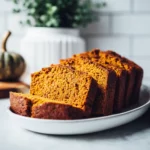 Vegan pumpkin bread with chocolate chips, sliced on a white plate, close-up.