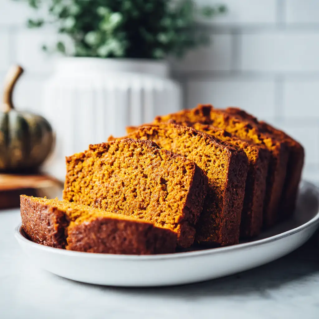 Vegan pumpkin bread with chocolate chips, sliced on a white plate, close-up.