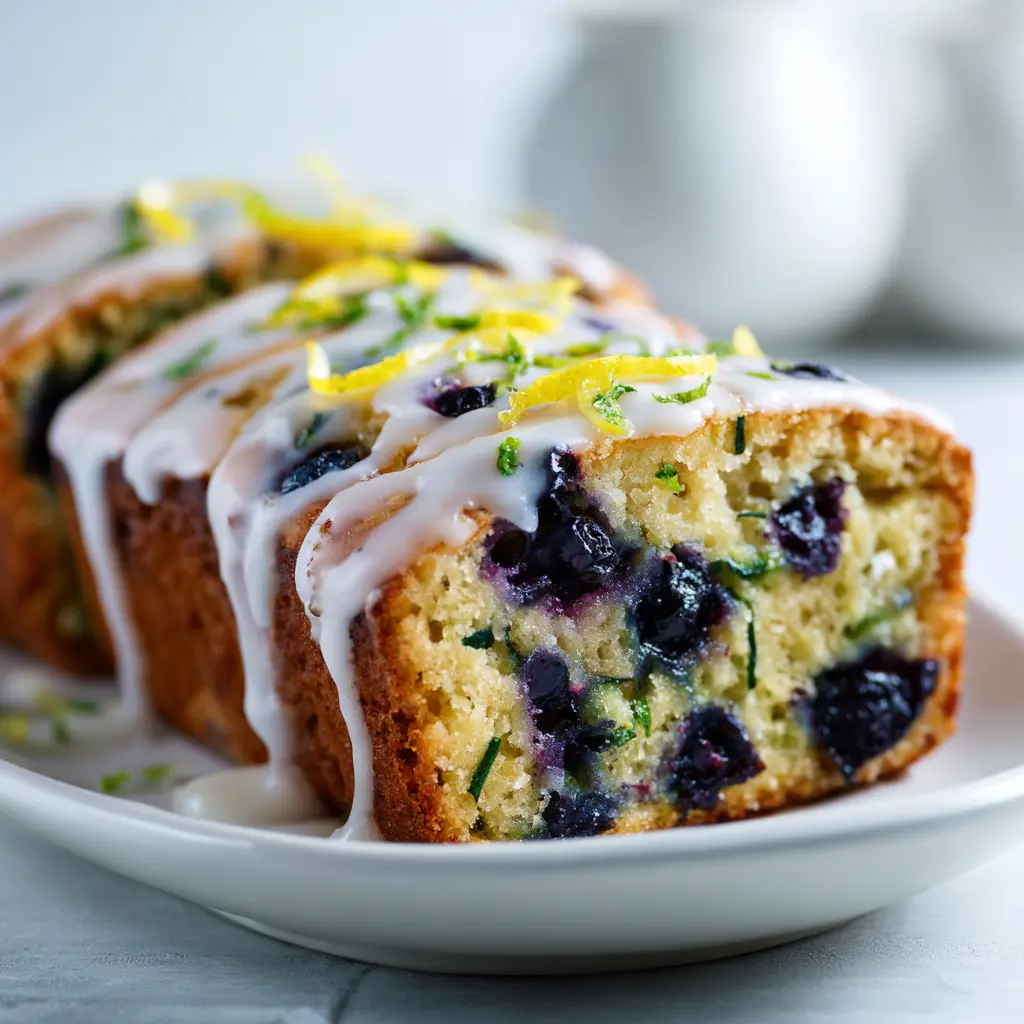 Blueberry zucchini bread with lemon glaze, sliced on a plate, showing moist crumb and fresh berries.