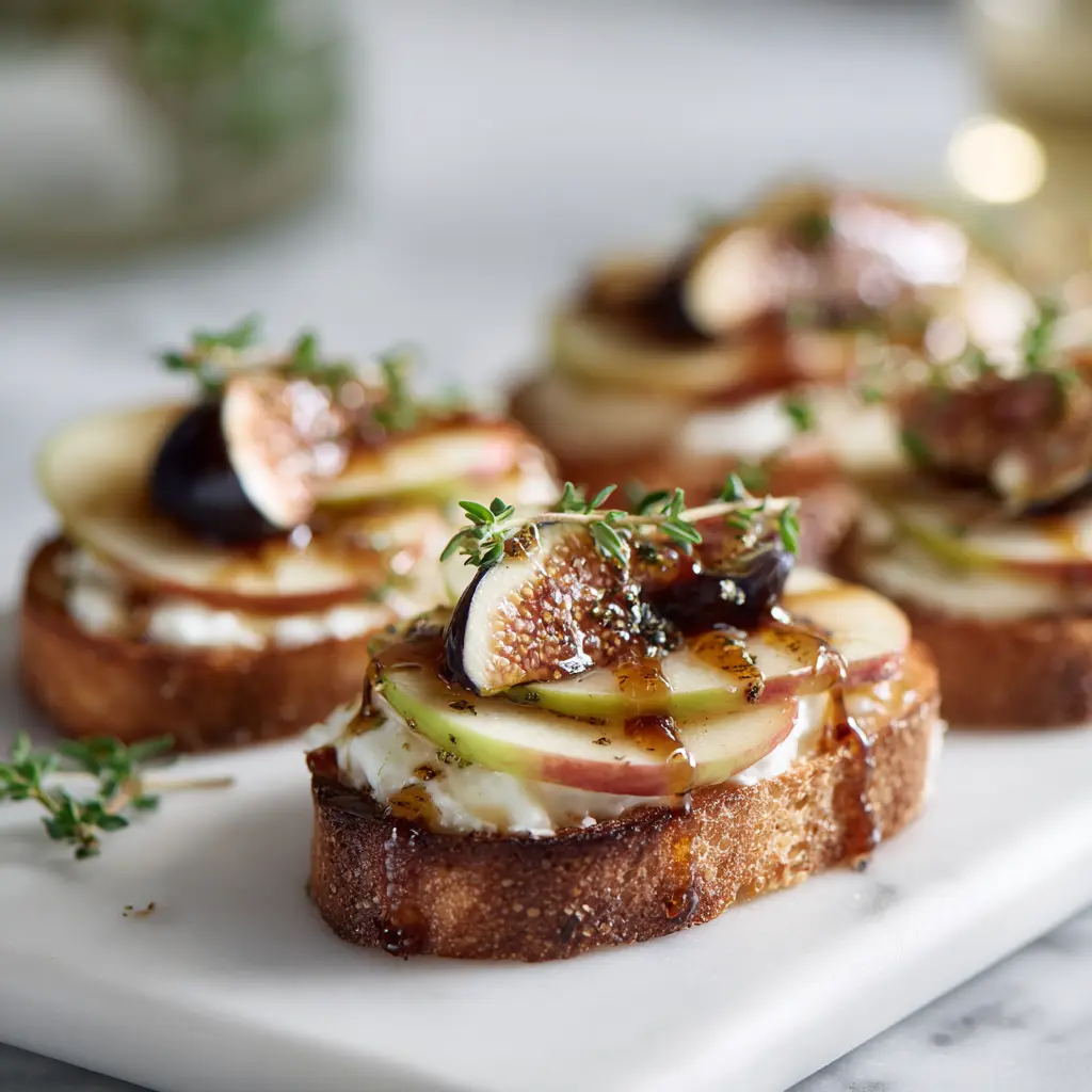 Close-up of Brie, Apple & Fig Crostini topped with honey and thyme, served on a modern white platter.