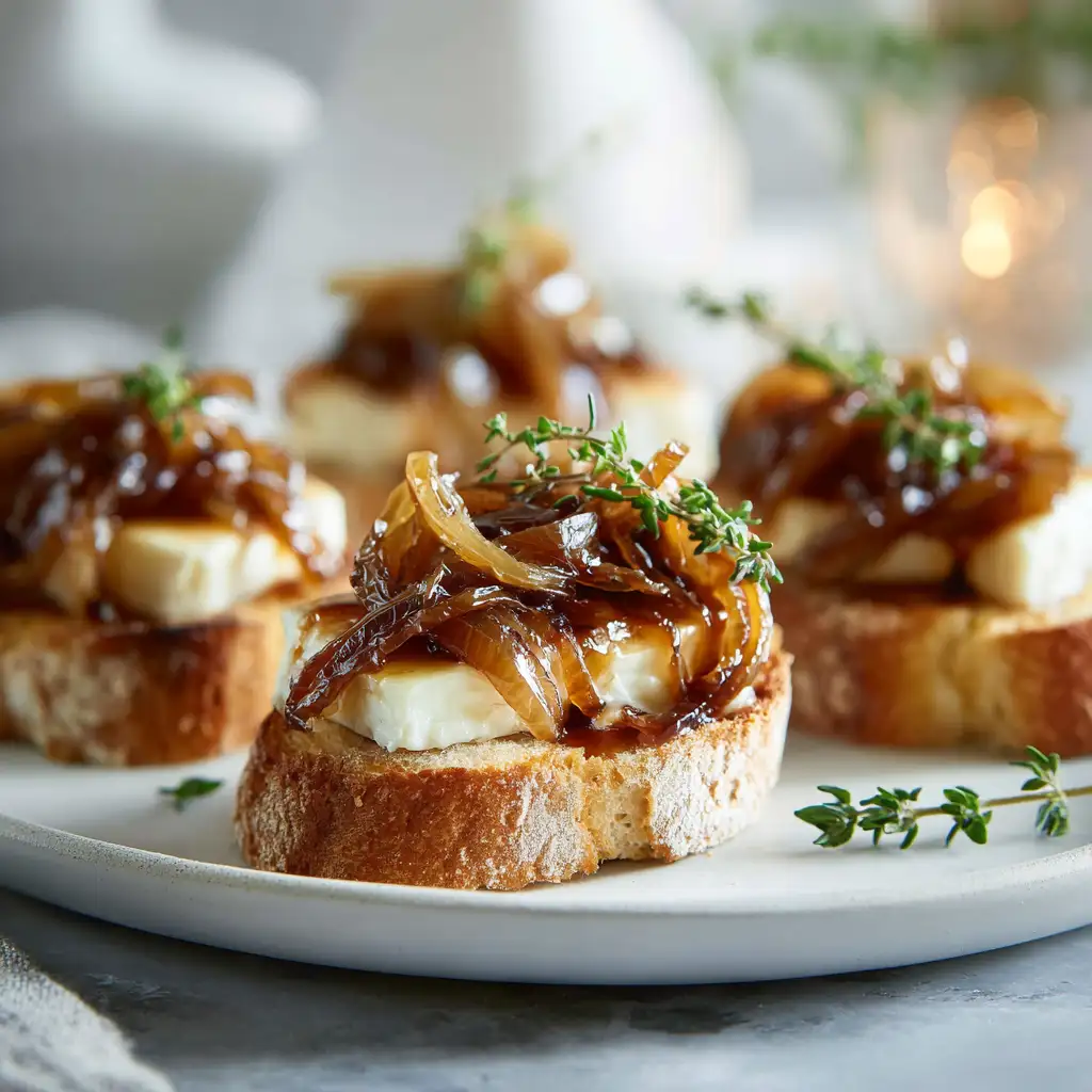 Crostini topped with caramelized onions and creamy brie cheese, perfect holiday appetizer