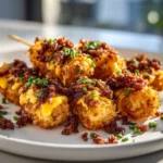 Skewered tater tots topped with melted cheddar and beef bacon crumble, perfect Thanksgiving appetizer.