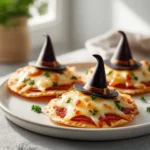 Witch Hat Pizza Bites made with tortillas and cheese, a fun and spooky Halloween party snack.