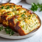 Cheesy zucchini quick bread with golden crust and melted cheese inside.