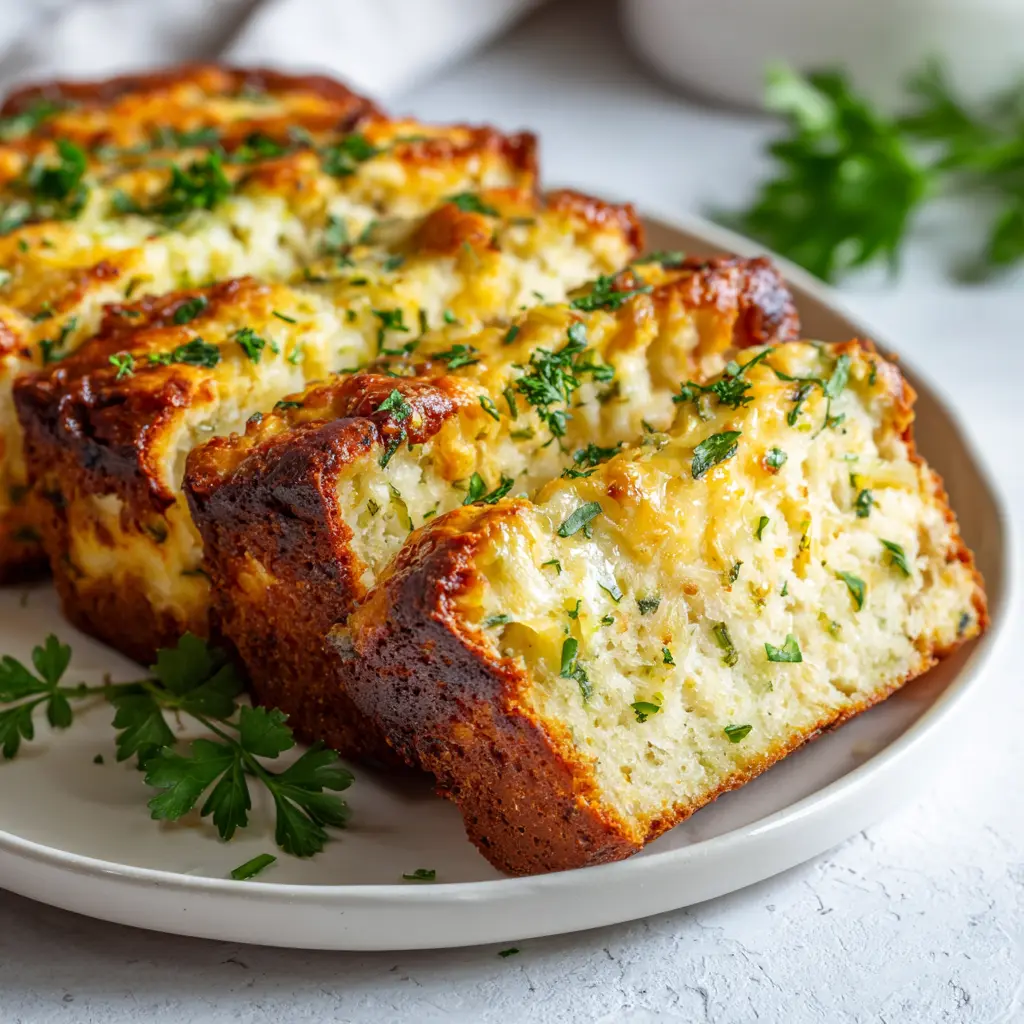 Cheesy zucchini quick bread with golden crust and melted cheese inside.