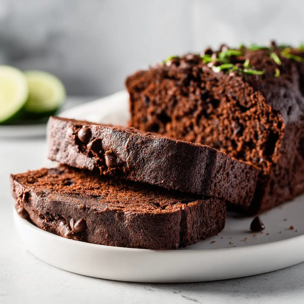 Walnut-studded chocolate zucchini bread loaf, moist and rich with a tender crumb