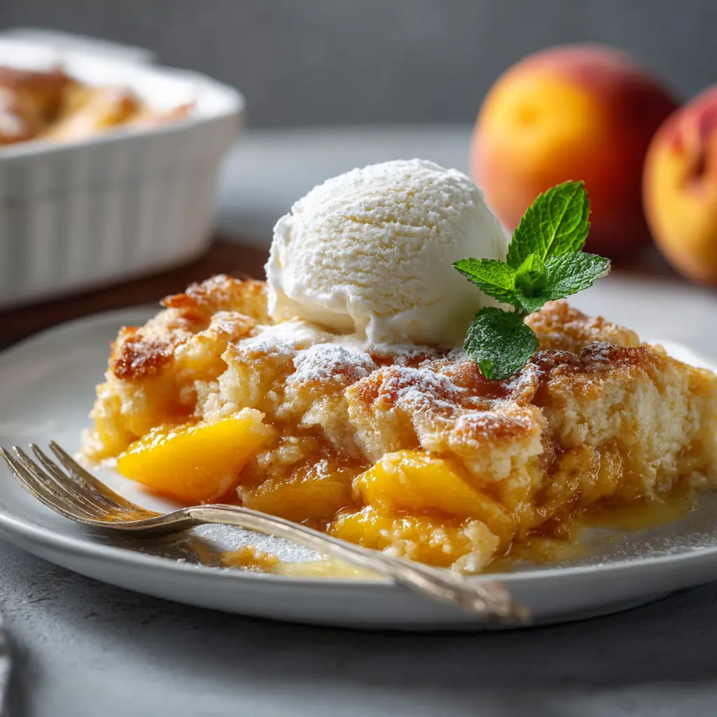 Oven-baked peach cobbler in a modern dish with golden crust