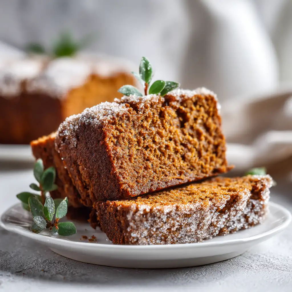 Close-up of pumpkin bread with cinnamon sugar topping, sliced to show moist crumb.