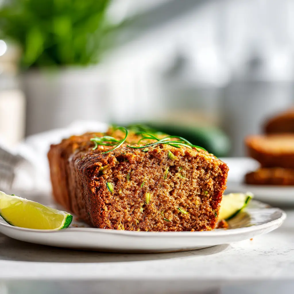 Moist apple zucchini bread loaf topped with golden crisp sugar crust, sliced and served on a plate.