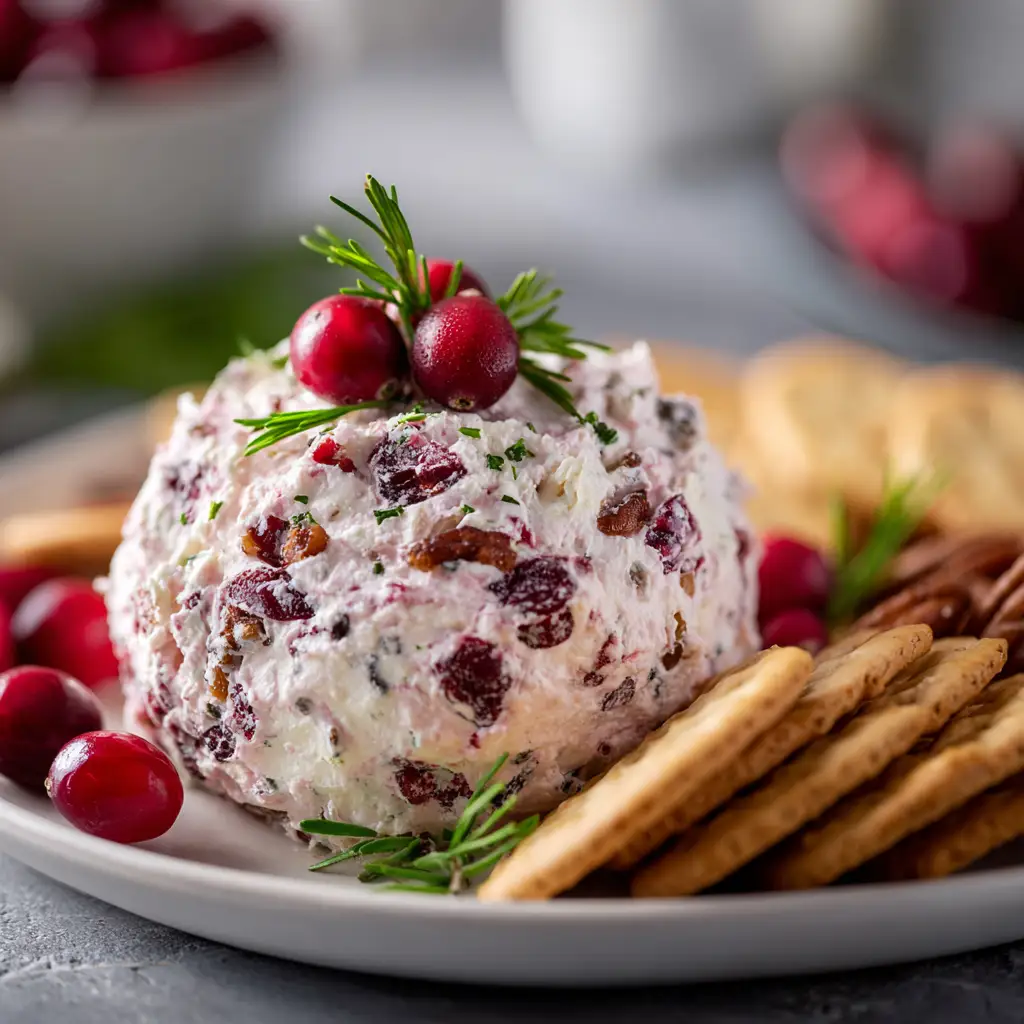 Cranberry pecan cream cheese spread topped with pecans on a holiday platter.