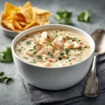 Creamy white chicken chili topped with shredded cheese and cilantro in a warm bowl.