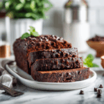 Close-up of chocolate zucchini bread with melted chips and moist crumb texture.