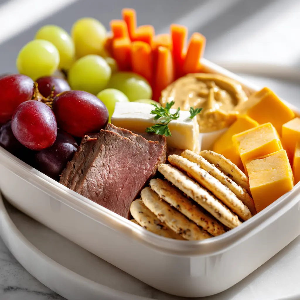 Fresh adult lunchable box with turkey, cheese, crackers, grapes, and cucumbers neatly packed for work or school.