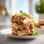 Apple Crisp Bars with oat topping and apple filling, cut into squares on a white plate.