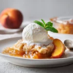 Golden peach cobbler with caramelized brown sugar topping and vanilla scoop.