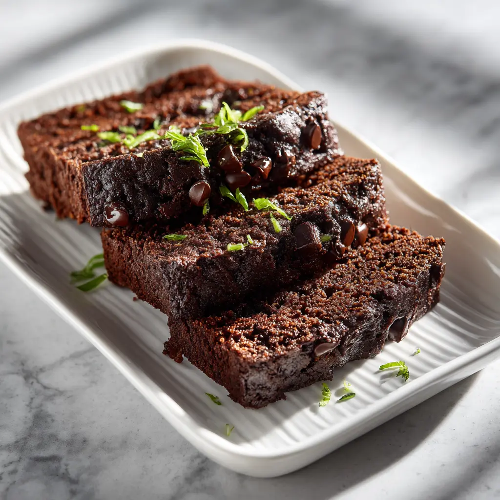 Moist chocolate zucchini bread with gooey melted chocolate chips.