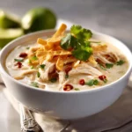 White chicken chili with shredded cheese and avocado toppings in a modern bowl.