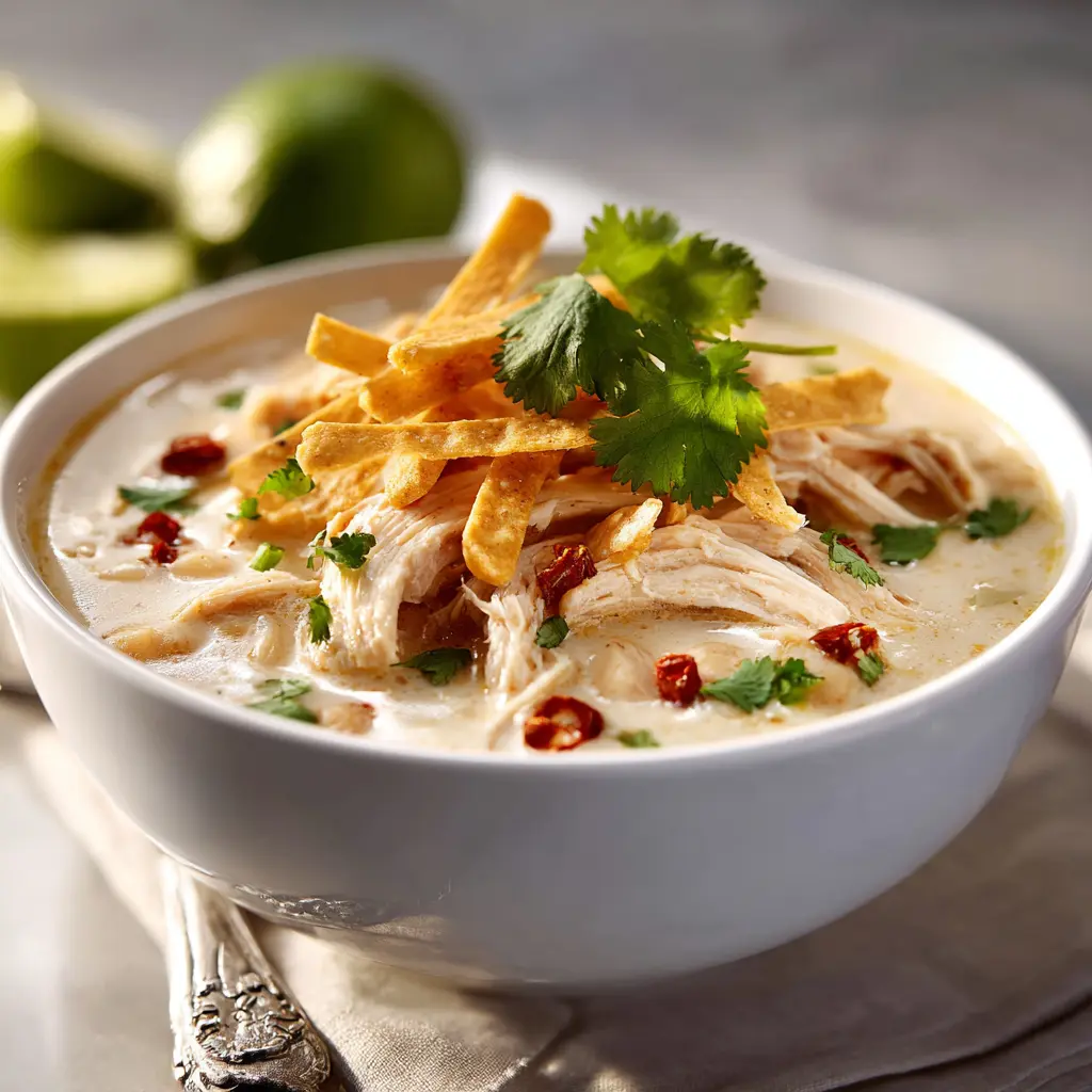 White chicken chili with shredded cheese and avocado toppings in a modern bowl.