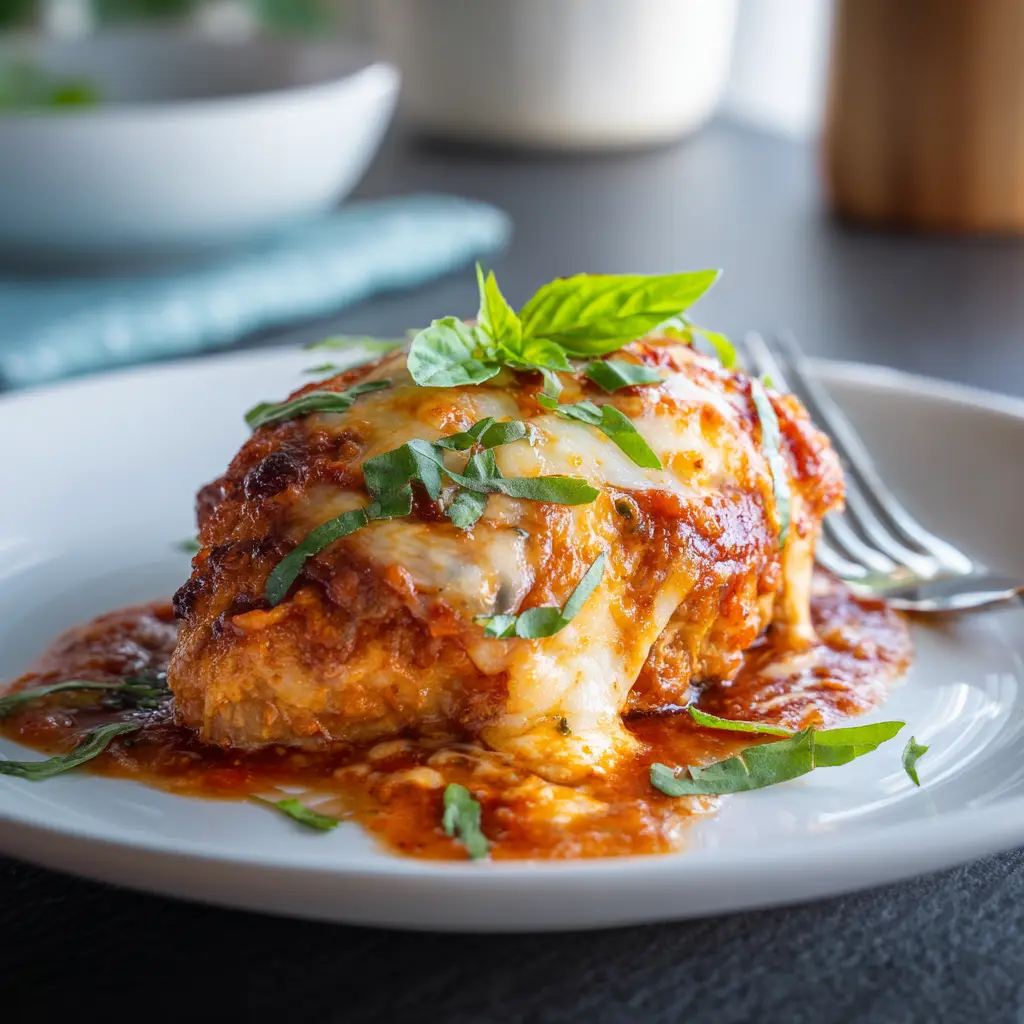Crockpot chicken parmesan served with spaghetti and basil garnish.