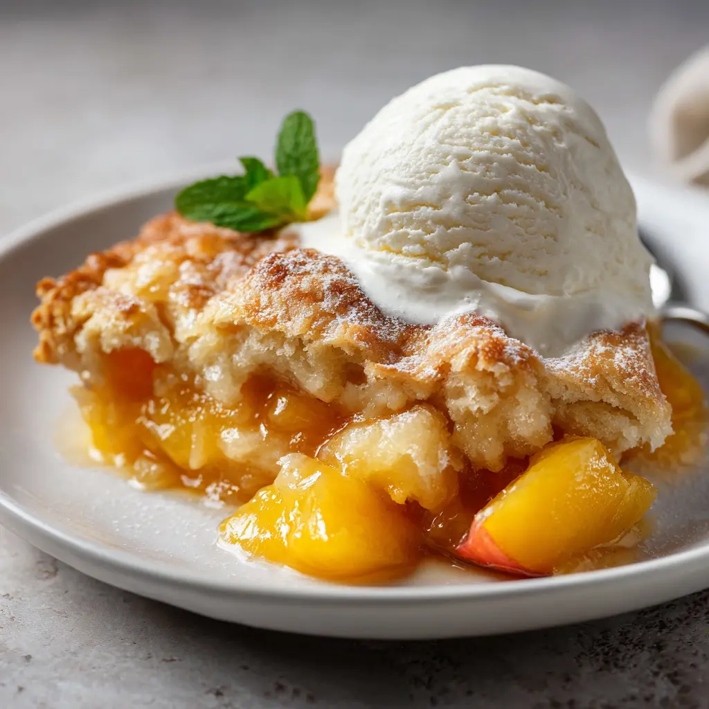 Fresh peach cobbler with golden crust and juicy peach filling served warm.