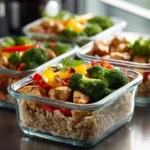 Healthy chicken, rice, and vegetables meal prep in clear glass containers