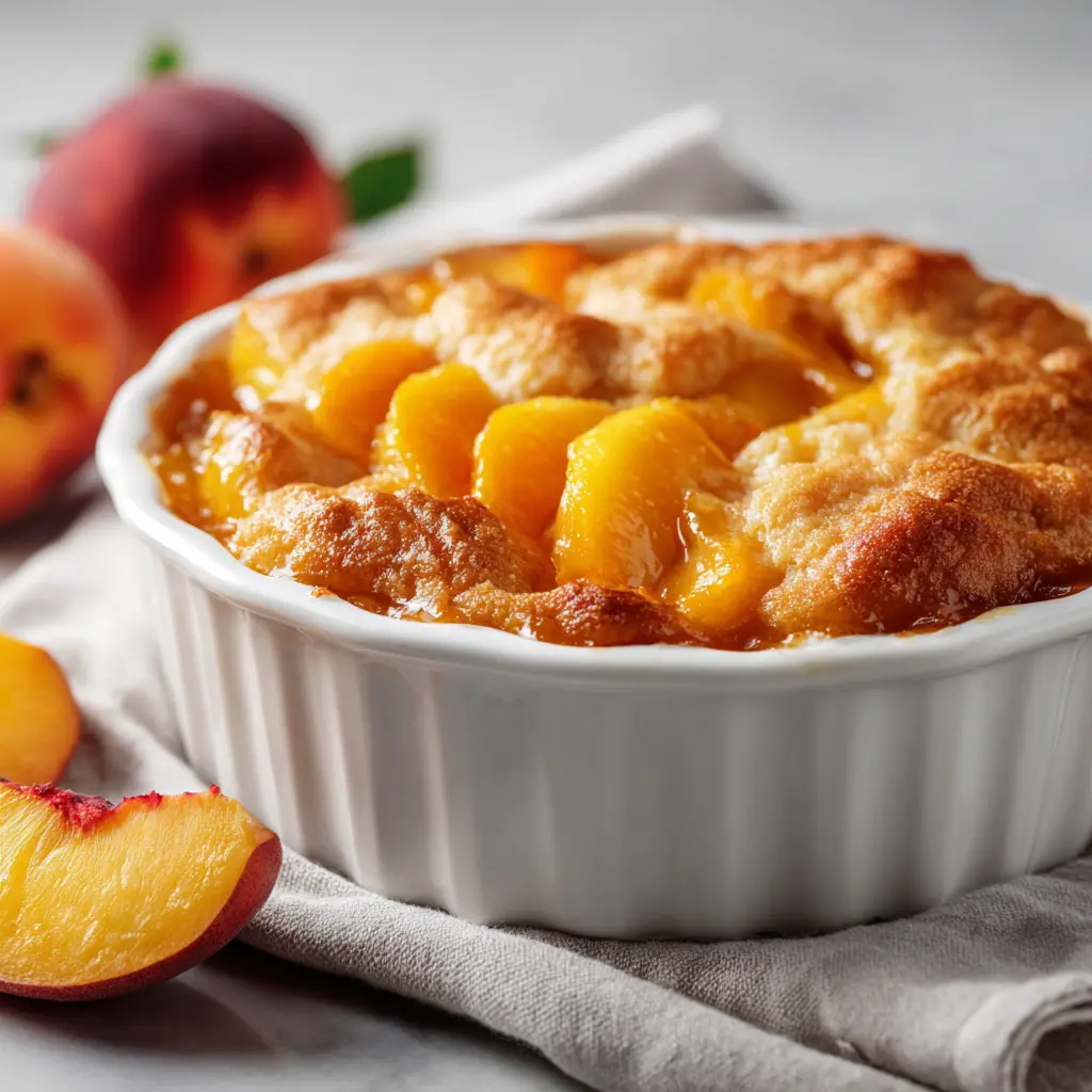 Peach cobbler served in a bowl with vanilla ice cream melting on top.