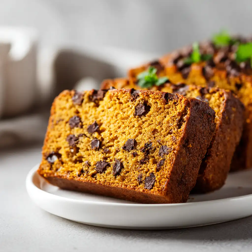 Moist pumpkin bread loaf with walnuts and spices on a cooling rack