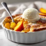 Golden peach cobbler with bubbling fruit and buttery crust, served warm.