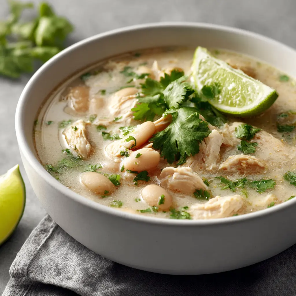 White chicken chili served in a skillet with sour cream topping.