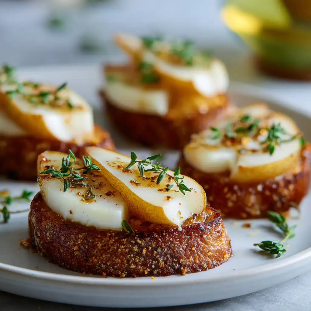Crostini topped with roasted pears, brie, and thyme, drizzled with honey for a holiday appetizer.
