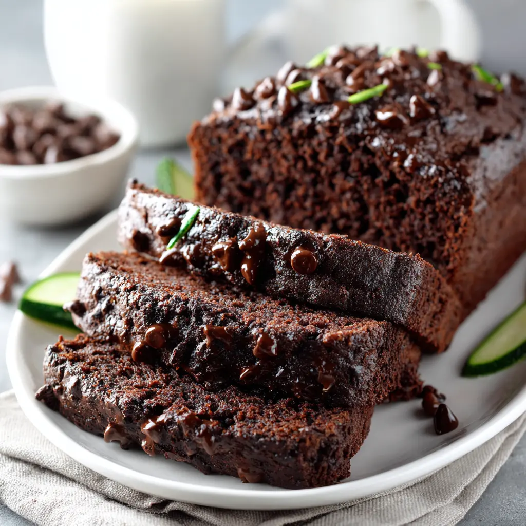Extra moist chocolate zucchini bread with melted chocolate topping, sliced and ready to serve.