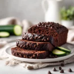 Close-up of chocolate zucchini loaf slices with gooey melted chocolate chips