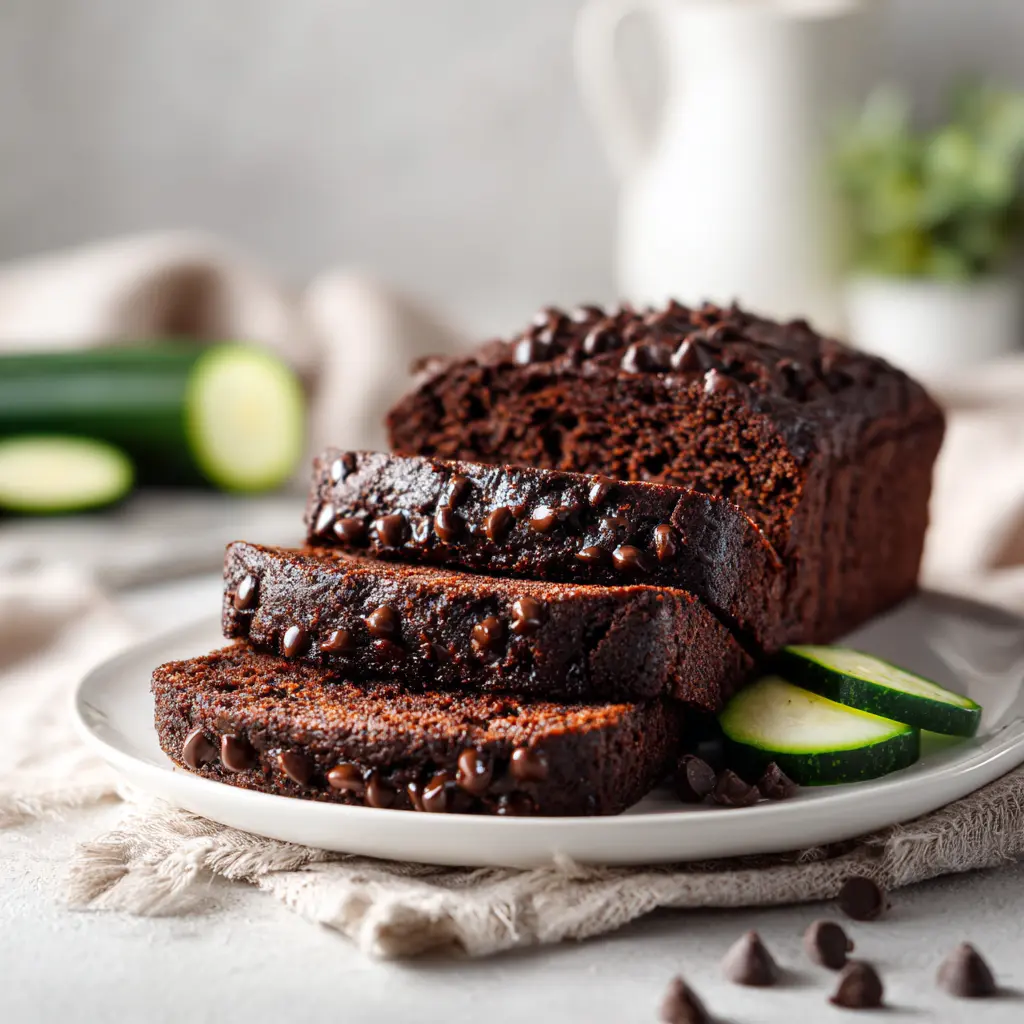 Close-up of chocolate zucchini loaf slices with gooey melted chocolate chips