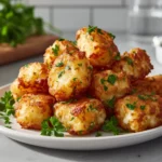 Crispy garlic parmesan tater tot poppers served hot on a white platter with dipping sauces.
