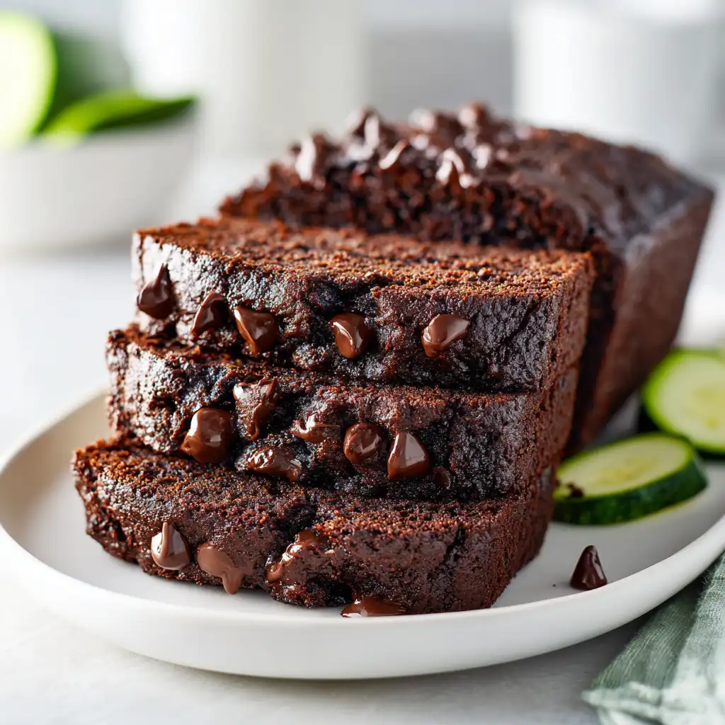 Gluten-free chocolate zucchini bread with chocolate chips on a modern plate