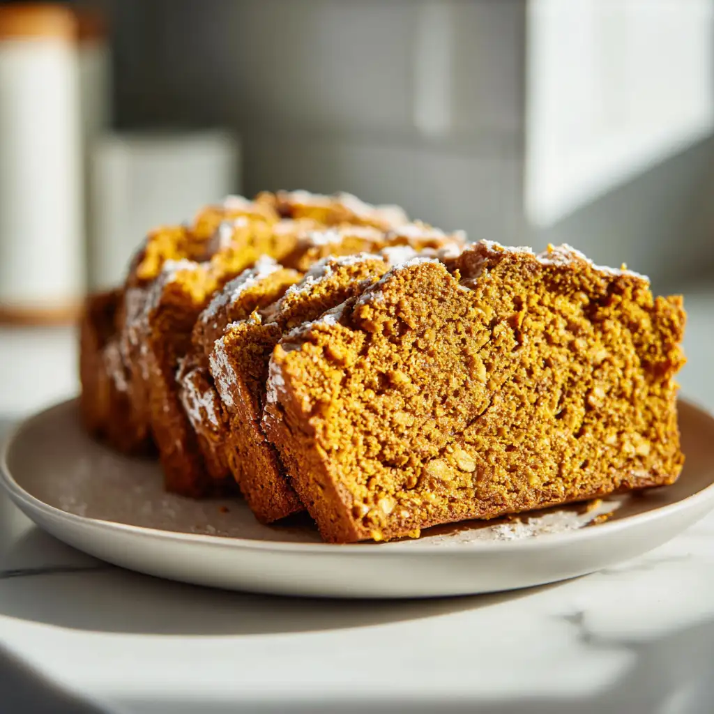 Gluten-free pumpkin oat bread with chocolate chips cooling on a rack.