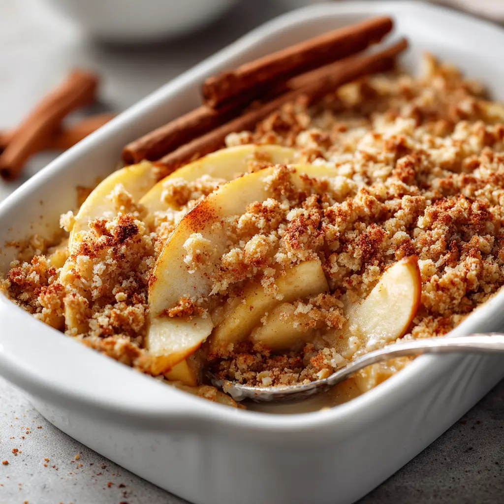 Gluten-free apple crisp baked with almond flour and oats, served warm with ice cream.