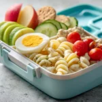 Bento lunchbox with chicken pasta salad, fruit, veggies, and hummus for kids