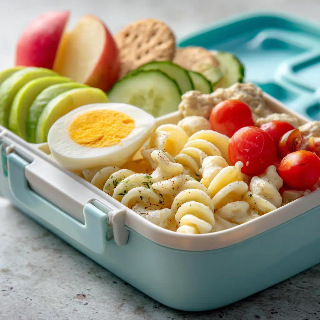 Bento lunchbox with chicken pasta salad, fruit, veggies, and hummus for kids