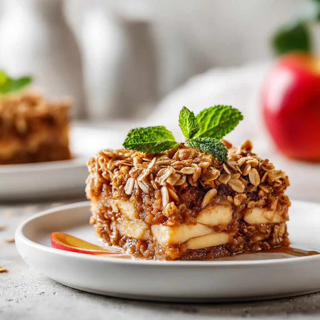Warm baked apple crisp with golden oat-chia topping in a white dish.