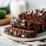 A slice of chocolate zucchini bread with oats and dark chocolate chips.