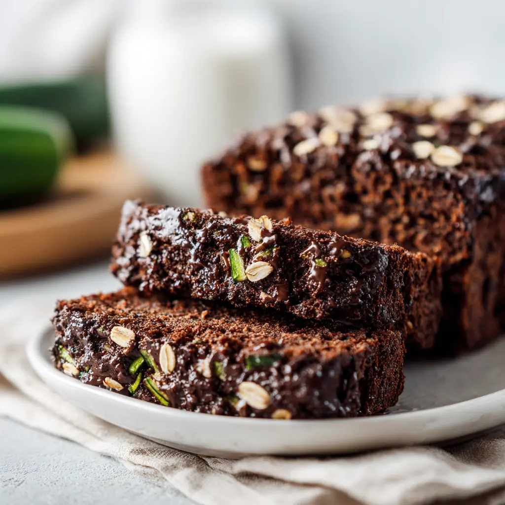 A slice of chocolate zucchini bread with oats and dark chocolate chips.