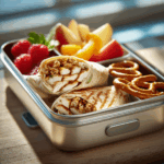 Healthy teen lunch wrap with fruit and pretzels in a bright container.