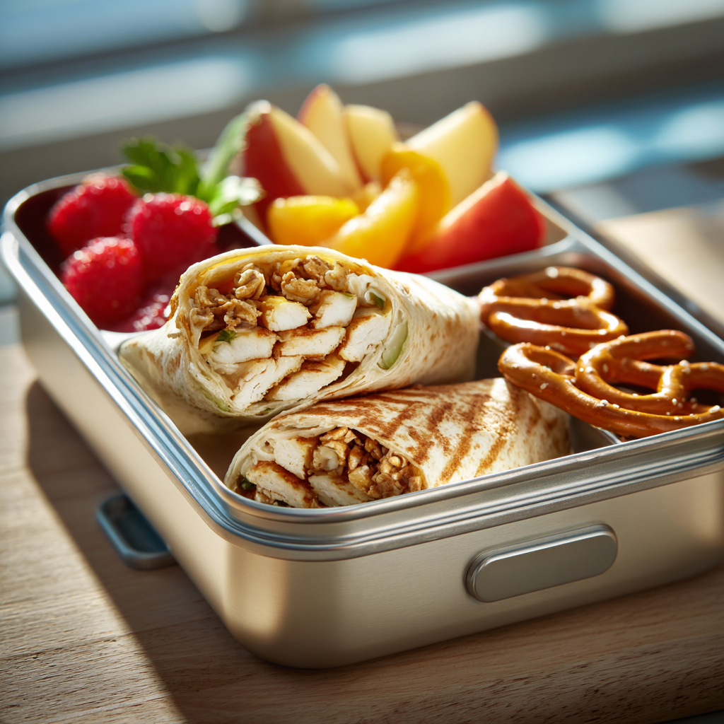 Healthy teen lunch wrap with fruit and pretzels in a bright container.