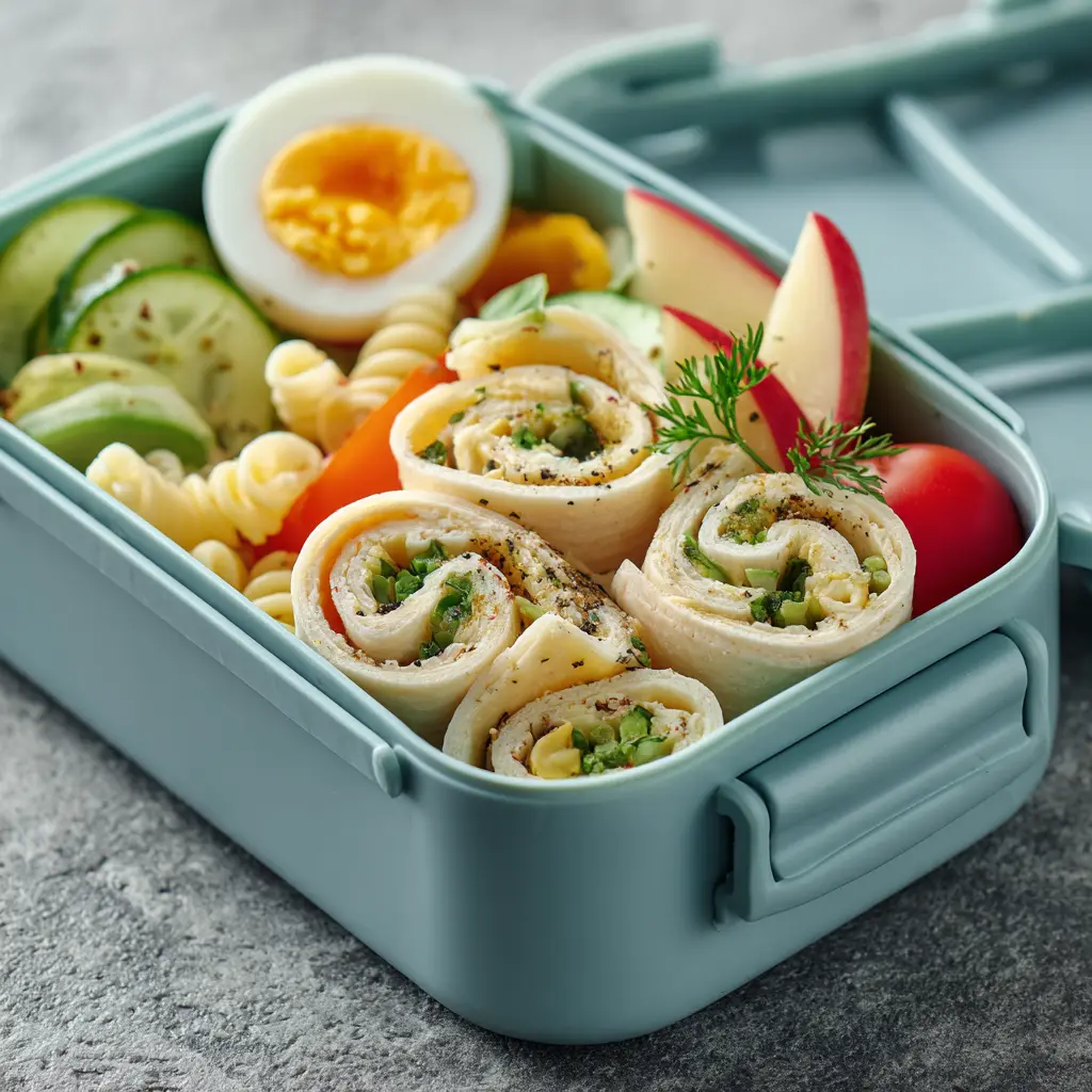 A healthy kids’ lunchbox with chicken wraps, veggies, and apple slices.