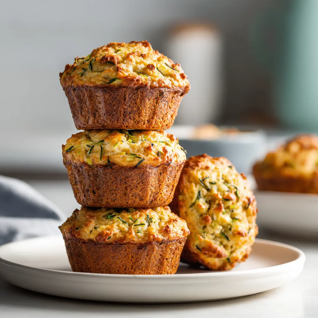 Healthy zucchini oat muffins stacked on a plate, golden and fluffy.